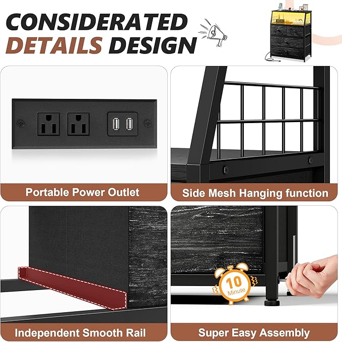EnHomee Nightstand with Charging Station & LED Lights, 21.8" W Bedside Table with 4 Fabric Drawers, Night Stand with Outlets and 2 Ports for Bedroom, Table with Wood Shelf, Black