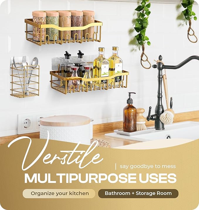 Luxury Style 5 Pack Stainless Steel Adhesive Shower Caddy Set - Rustproof Bathroom Organizer with Large Capacity Storage| No Drilling Shelves Shower Caddy Organizer | Bathroom Decor (Luxury Gold)