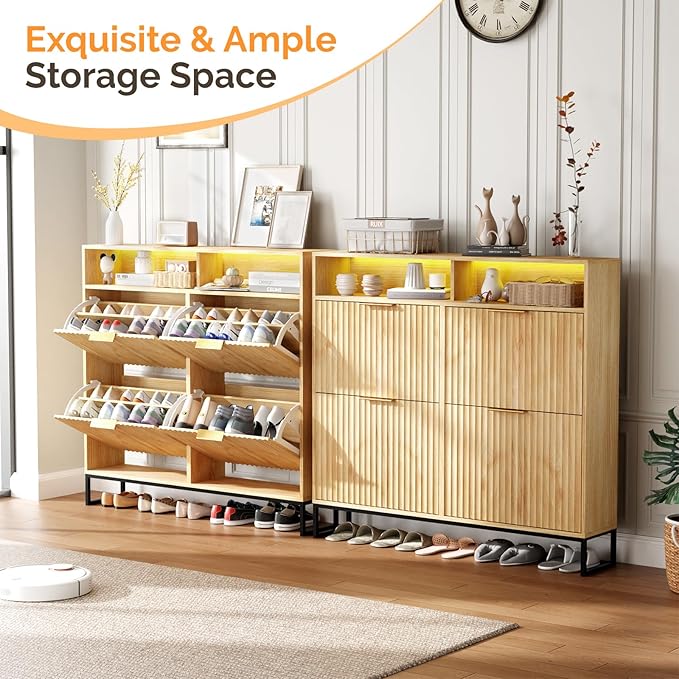 VINGLI Fluted Shoe Cabinet Storage for Entryway,Hidden Shoes Storage Cabinet with 4 Flip Drawers, Mid Century Modern Shoe Rack with LED Light,Shoes Organizer with Cubby for Hallway(Natural Oak)-NeatNest