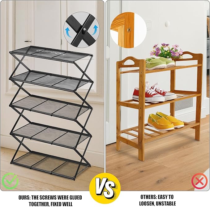 Shoe Rack for Entryway 5 Tier Foldable Shoe Rack Without Assembly Collapsible Metal Shoe Organizer Folding Shoe Storage Rack for Door, Living Room, Black-NeatNest