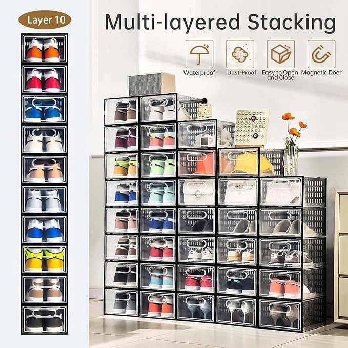 Clemate 15 Pack Shoe Storage Boxes, Clear Plastic Stackable Shoe Organizer for Closet, Shoe Box with Magnetic Door, Foldable Shoe Storage Bin, Sneaker Storage Box Shoe Rack Container Holder, Size 9-NeatNest