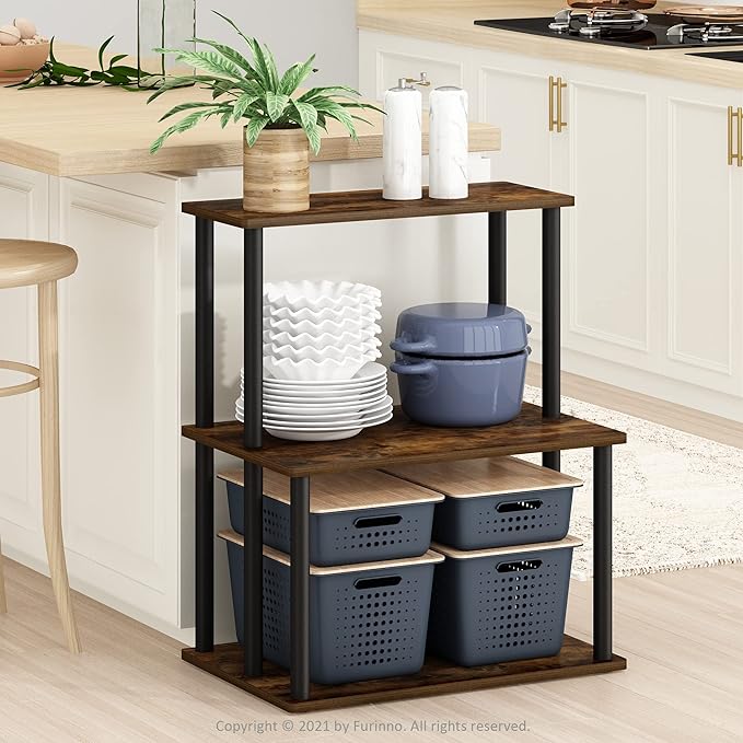 Furinno Turn-N-Tube 3-Tier Toolless Kitchen Storage Shelf, Amber Pine/Black-NeatNest