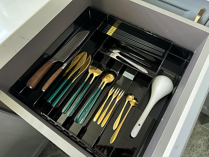 IEEK Kitchen Drawer Organizer for Cutlery and Utensils,Adjustable Silverware Drawer Organizer Tray,Kitchen Storage Divider for Spatula Tools,Gadgets,Forks,Knives,Spoons and Chopsticks,Black-L-NeatNest