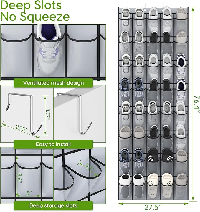 Unjumbly Over the Door Shoe Organizer with 40 Large Breathable Mesh Pockets, Space Saving Shoe Holder, Hanging Shoe Rack for Entryway Bedroom Closet Storage (Grey, 40 Pockets)-NeatNest