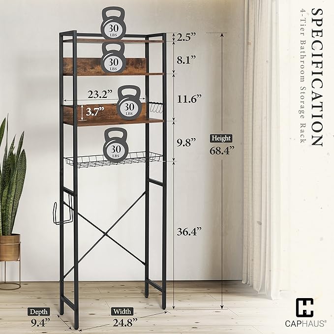 CAPHAUS Over The Toilet Storage, 4-Tier Bathroom Organizer, Freestanding Toilet Shelf, Multifunctional Space Saver Toilet Rack with 4 Hooks, Laundry Organizer, Plant Stand for Balcony (Rustic Oak)-NeatNest