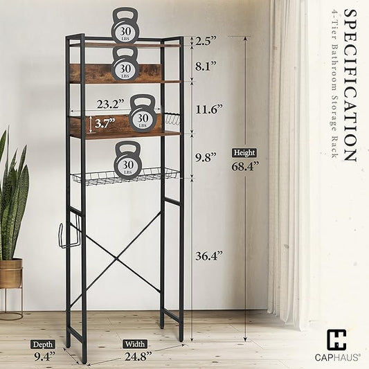 CAPHAUS Over The Toilet Storage, 4-Tier Bathroom Organizer, Freestanding Toilet Shelf, Multifunctional Space Saver Toilet Rack with 4 Hooks, Laundry Organizer, Plant Stand for Balcony (Rustic Oak)-NeatNest