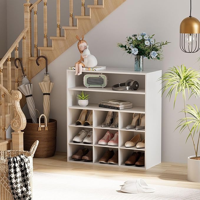 Garden 4 you Shoe Rack Organizer, 5-Tier Wood Cubby Shoe Rack with 2 Storage Shelf and 9 Cubbies, Shoe Organizer Cabinet for Entryway, Hallway, Closet and Garage, White-NeatNest