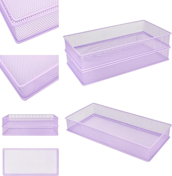 Annova Mesh Stackable Drawer Cabinet and Shelf Organizer Bins Storage Basket School Office Supply Holder Tray- Set of 2 (Light Purple, 6x12x2 Inch)-NeatNest