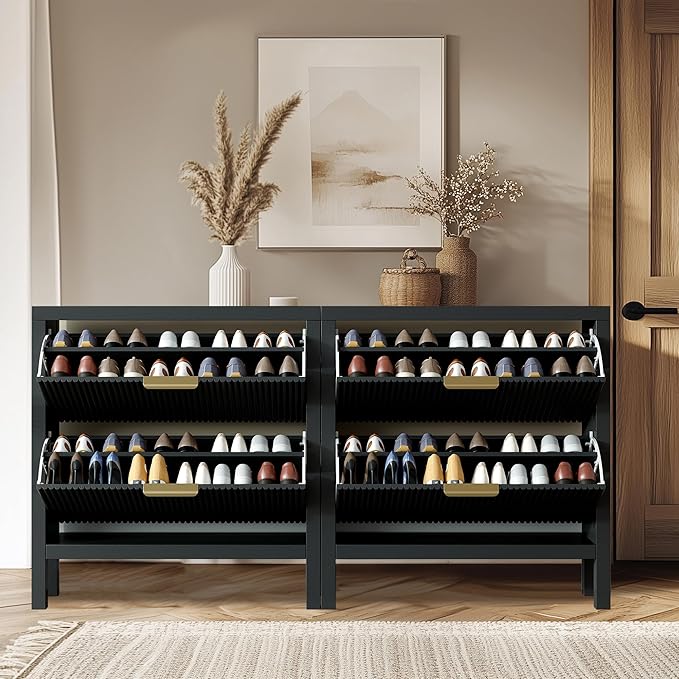 Modern 2-Tier Flip Drawer Shoe Cabinet, Freestanding Hidden Slim Narrow Shoe Rack Cabinet, Wooden Large Capacity Shoe Storage Cabinet Shoe Organizer, for Entryway, Hallway, Black X2-NeatNest
