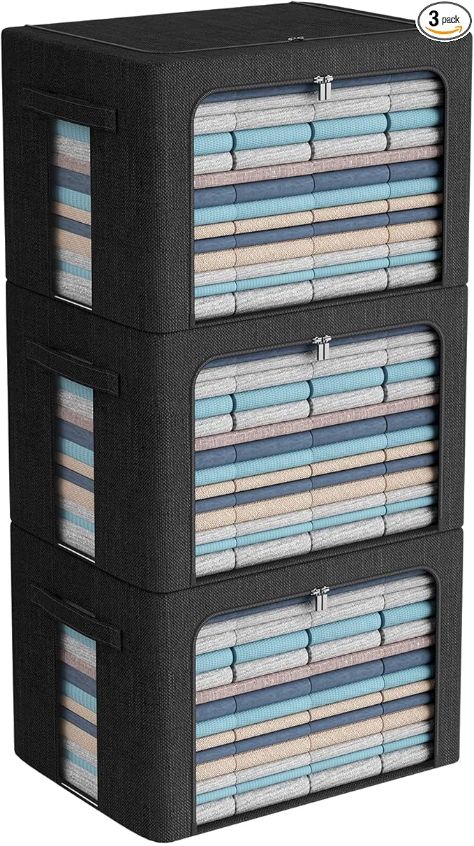 3Pack Foldable Storage Bins - Frame Storage Box Linen Fabric Stackable Clothes Container Organizer with Clear Window & Carry Handles Large Capacity (Extra Large-100L, Black)-NeatNest