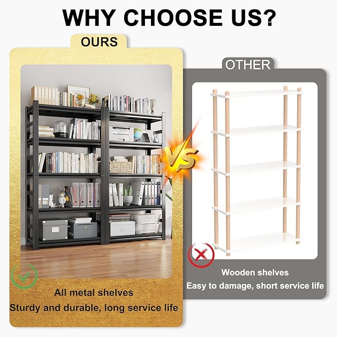 Book Shelf 5 Tier Metal Wide Bookcase,Heavy-Duty Adjustable Industrial Bookshelves,Tall Bookshelf for Living Room&Office and Kitchen, Black(72" H*35.4W*15.7" D)-NeatNest