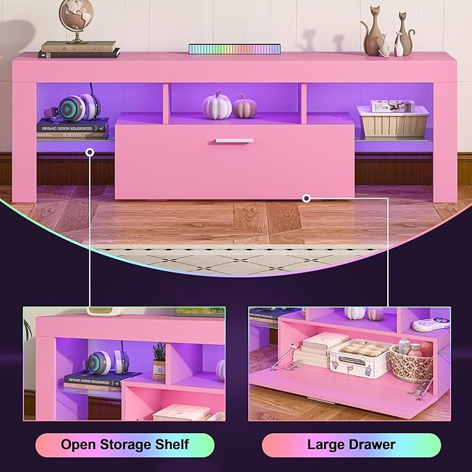 Clikuutory Modern Lighting 51 inch TV Stand with Large Storage Drawer for 32 40 50 55 Inch TVs, TV Console with 20 Color LED Lights, Entertainment Center Media and Open Shelf for Bedroom, Pink-NeatNest