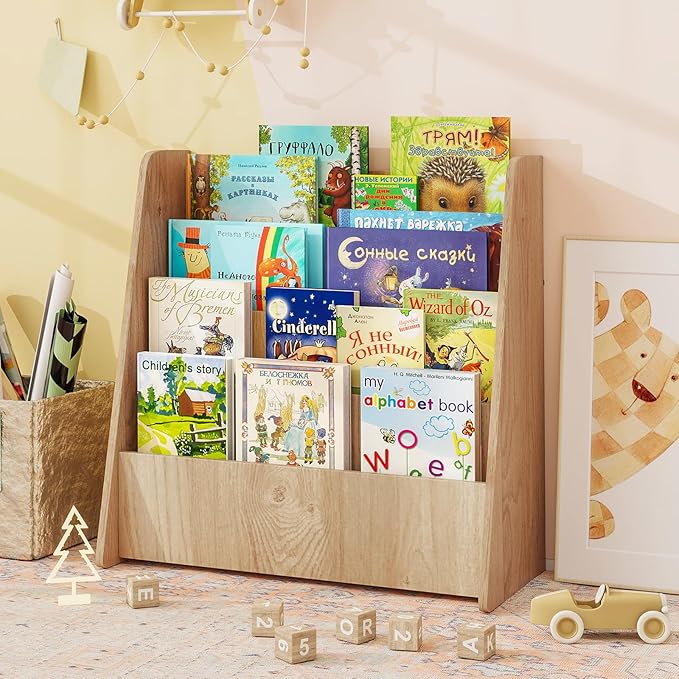 Costzon 4-Tier Kids Bookshelf, Front Facing Children Bookcase with Deep Compartments, Magazine Storage Rack for Kids Bedroom, Playroom, Nursery, Classroom, Kindergarten (Natural)-NeatNest