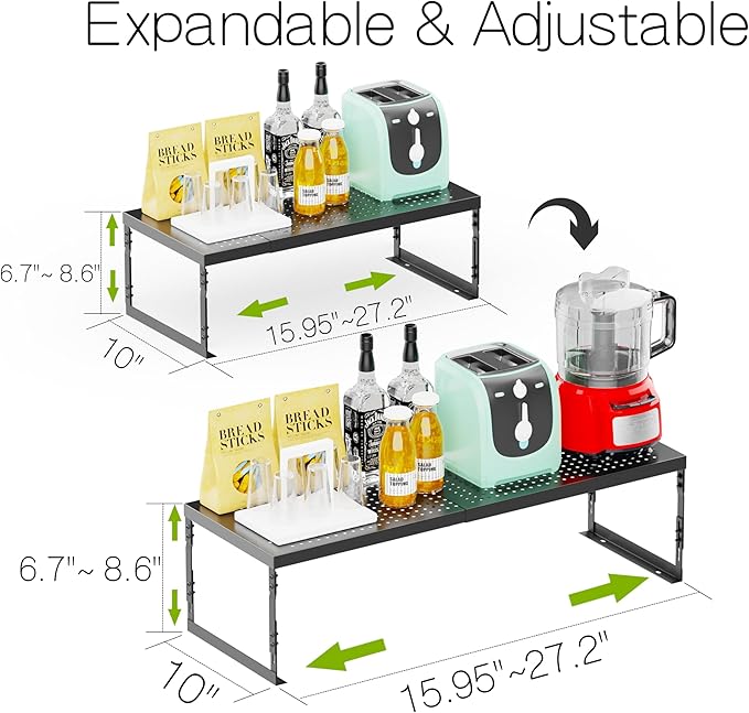 Adjustable Stackable Metal Storage Shelf Organizer - Expandable Wire Rack with Perforations for Kitchen, Pantry, Bathroom, Cabinet & Office-Compact, Durable & Sturdy(1PACK/Large/Black)
