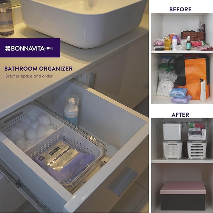 Clear Stackable Storage Containers with Lids BPA-Free Organizer Bins for Refrigerator Pantry Fridge Drawer with Colander and Dividers for Kitchen Food Preservation and Home Organization BPA Free-NeatNest