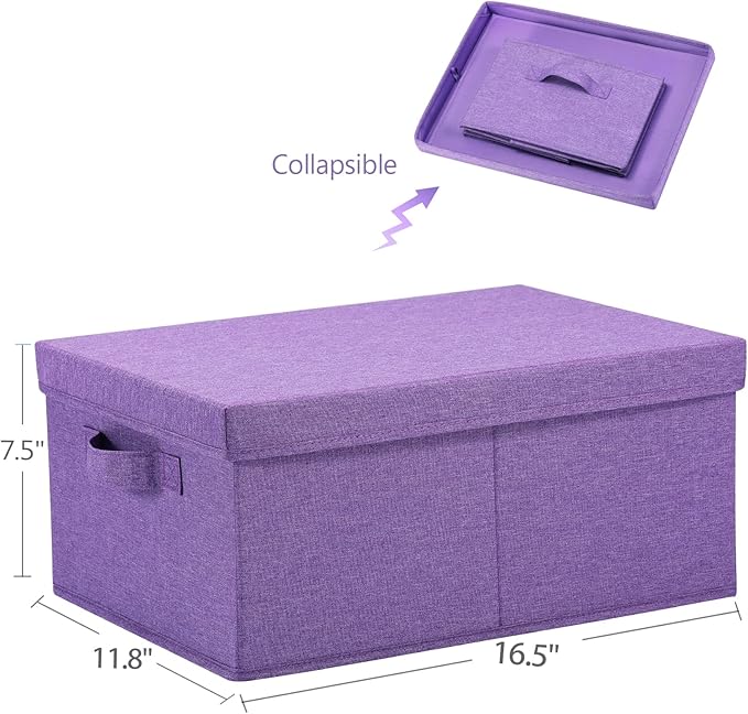 HOONEX Foldable Storage Bins with Lids, Pack of 2, Storage Boxes with 2 Carrying Handles and Sturdy Heavy Cardboard, 16.5" L x 11.8" W x 7.5" H for Shoes, Books, Clothes, Purple-NeatNest
