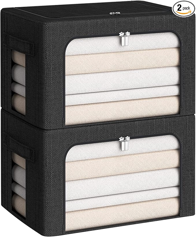 Clothes Storage Bins Box - Linen Fabric Foldable Stackable Container Organizer Set with Clear Window & Carry Handles & Metal Frame (Black, Medium-36L)-NeatNest