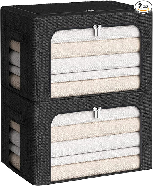 Clothes Storage Bins Box - Linen Fabric Foldable Stackable Container Organizer Set with Clear Window & Carry Handles & Metal Frame (Black, Medium-36L)-NeatNest