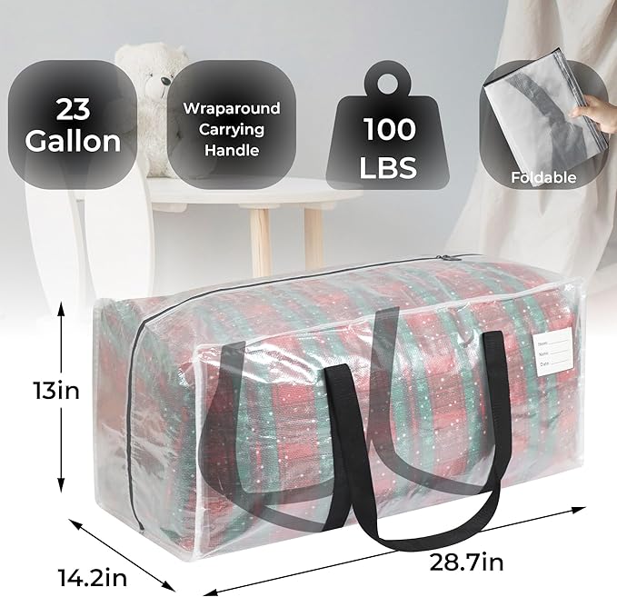 Heavy Duty Moving Bags, 6 Pack with Full Wrap Carry Handles and Double Zippers, 27 Gallon- 100lbs Large Storage Bins，with Labeled Window for Clothing, Bedding Storage, Packing Bags for Moving