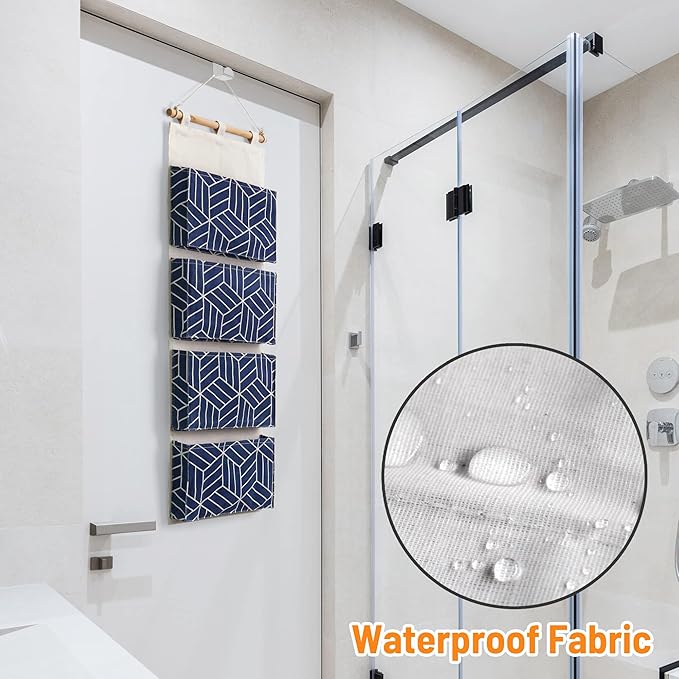 CROWNED 2Pcs Over Door Hanging Storage Bags Wall Mount Closet Organizer, 4 Big Pockets Linen Cotton Fabric Multi Functional Living Room Bedroom Bathroom File Magazine Waterproof Free Hooks Navy-NeatNest