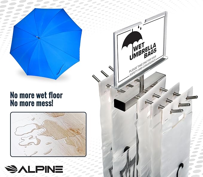 Alpine Wet Umbrella Bag Stand - Umbrella Bags Disposable with Stand, Wet Umbrella Bag Holder, Commercial Umbrella Holder with Free 100 Large Plastic Umbrella Bags Disposable (Stainless Steel)
