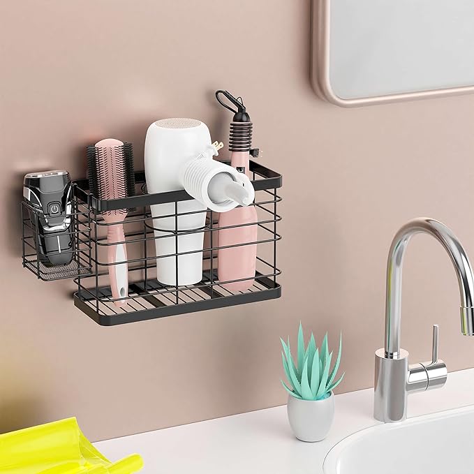 Hair Tool Organizer - Black Steel Wall Mounted Hair Dryer Holder with Removable Basket, 10.62"L x 4.33"W x 6.69"H, Ideal for Small Bathrooms-NeatNest
