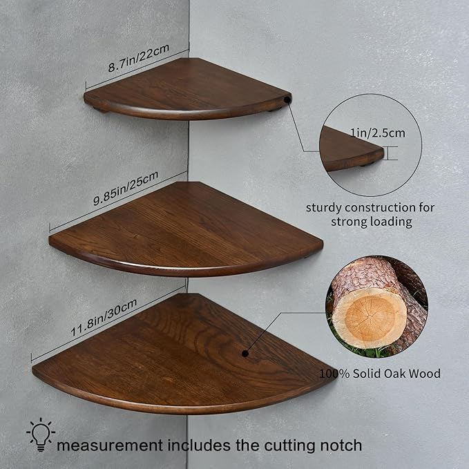 Corner Shelves, Floating Corner Shelf, Set of 3 Solid Oak Wood Corner Wall Shelves, Round End with Wire Hole Shelving for Small Plant for Bedroom Kitchen, Living Room (Size 9/10/12in)-NeatNest