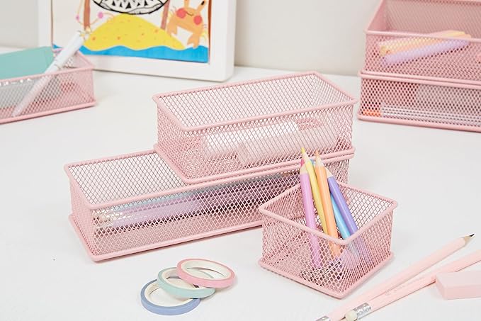 Annova Mesh Stackable Drawer Cabinet and Shelf Organizer Bins Storage Basket School Office Supply Holder Tray- Set of 2 (Light Pink, 3x9x2 Inch)-NeatNest