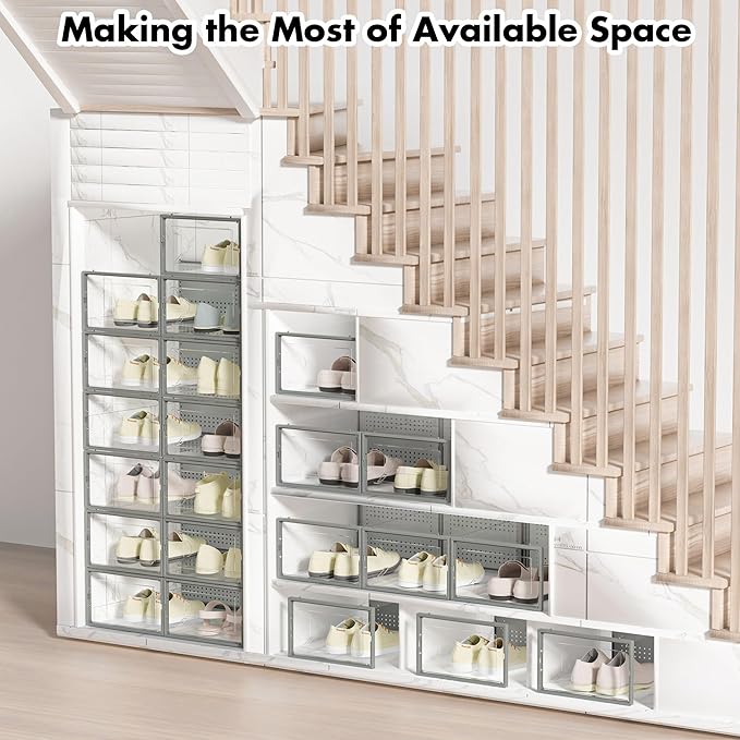 Shoe Storage Box, 15 Pack Clear Plastic Stackable Shoe Organizer for Closet, Interlocking Design Shoe Container Bins for Sneakers, Foldable Shoe Rack with Lids, Gray-NeatNest