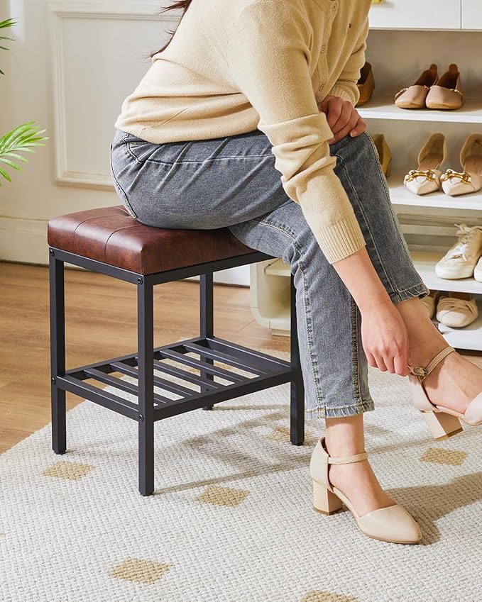 IBUYKE Rectangular Makeup Stool with Adjustable Feet and Storage Space, Footrest Chair, PU Vanity Seat, Multi-Use as Small Side Table or Ottoman, for Bedroom, Dark Brown WBD017Z
