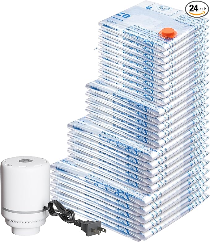 Vacuum Storage Bags with Electric Air Pump 24 Combo (5 Jumbo/5 Large/5 Medium/5 Small/4 Roll), Plastic Packaging Bags,Space Saver Sealer Bags for Clothes, Pillows, Comforters, Blankets, Bedding-NeatNest
