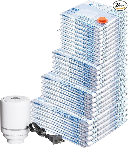 Vacuum Storage Bags with Electric Air Pump 24 Combo (5 Jumbo/5 Large/5 Medium/5 Small/4 Roll), Plastic Packaging Bags,Space Saver Sealer Bags for Clothes, Pillows, Comforters, Blankets, Bedding-NeatNest
