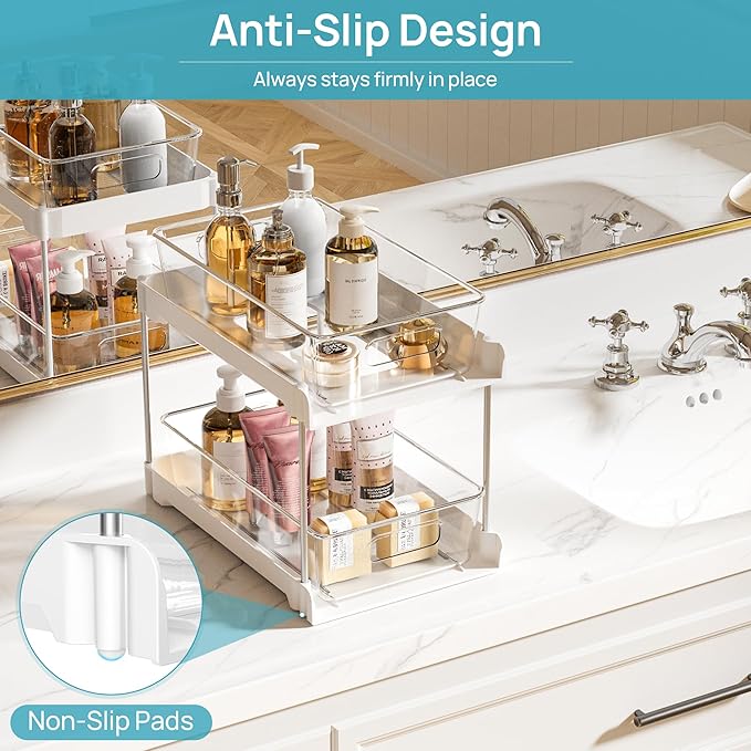 Vtopmart 4 Pack Bathroom Organizer, 2 Tier White Under Sink Organizers Vanity Countertop Storage Container,Cabinet Drawers Bins, Pull-Out Organization with Track for Pantry, Kitchen-NeatNest