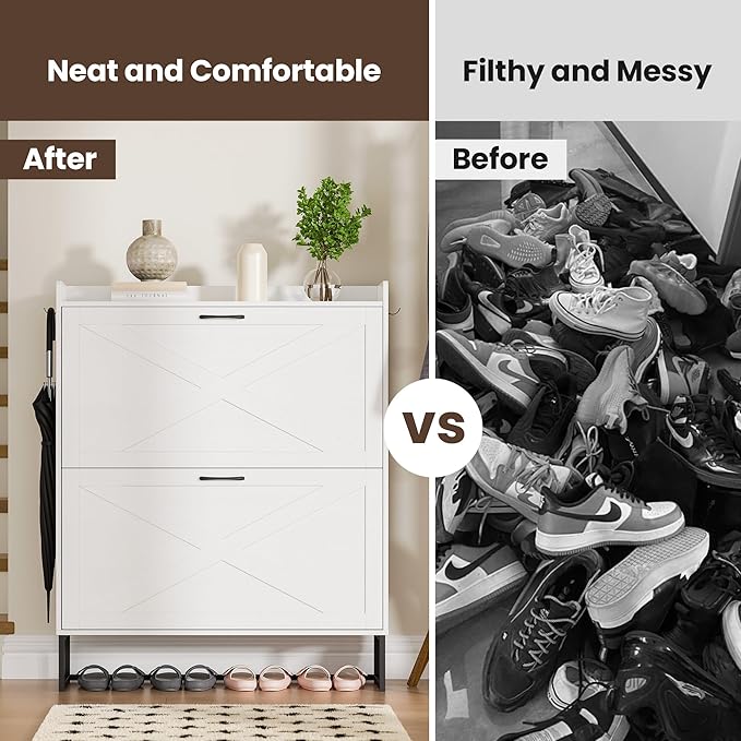 Shoe Cabinet with 2 Flip Drawers, Freestanding Shoe Organizer with Removable Hooks, Narrow Shoe Rack Cabinet for Entryway, Hallway, Living Room, White