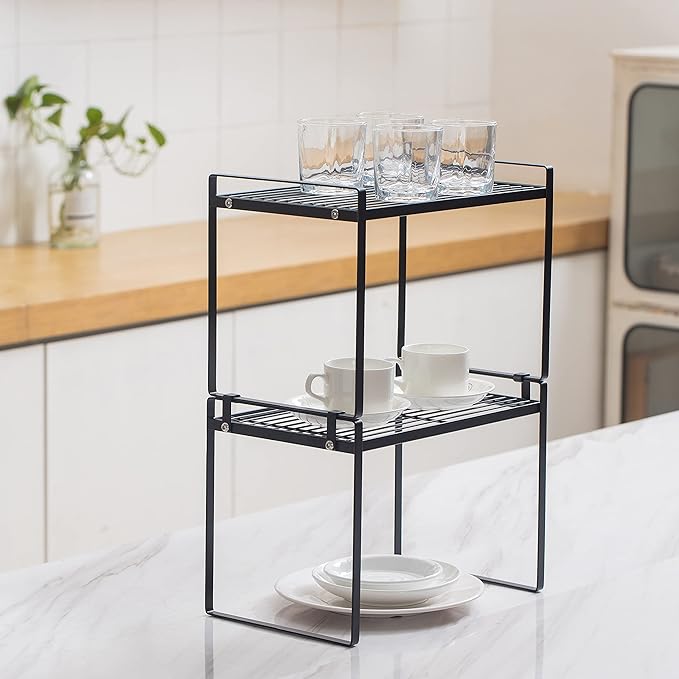 2Pack Kitchen Cabinet Shelf Counter Organizer Rack Pantry Storage Bathroom Bedroom Office Table Desk Space Saving Stackable Rust Resistant Non Slip Black Tall Wide L13.1in W10.6in H9.5in-NeatNest