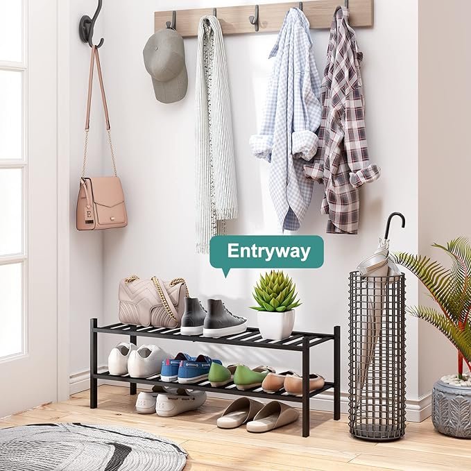Black Shoe Rack, 2-Tier Long Shoe Rack for Entryway, Bamboo Wood Shoe Shelf for Closet & Hallway, Long 33IN | Beautiful | Functional | Sturdy | Durable-NeatNest