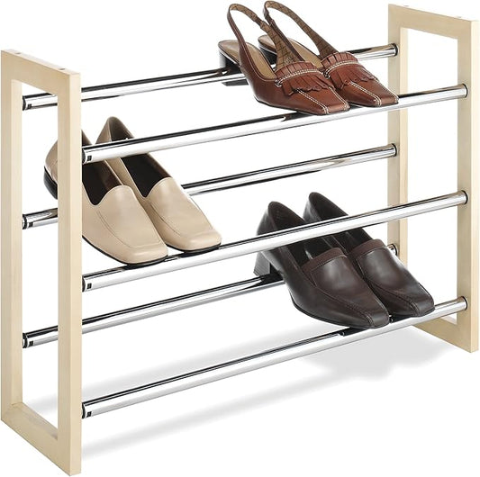 Whitmor 3 Tier Expandable Shoe Rack -Stackable - Natural Wood and Chrome-NeatNest
