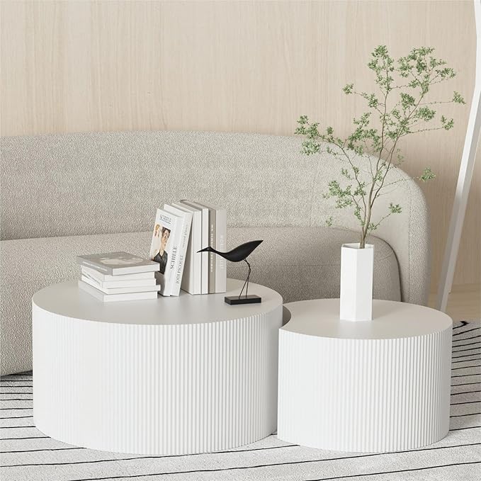 KEVINSPACE Coffee Table Set of 2 Modern, Living Room Nesting Table Round 2-Piece, No Assembly Required Wooden Circle End Table Set Accent Furniture for Bedroom Balcony Library,White