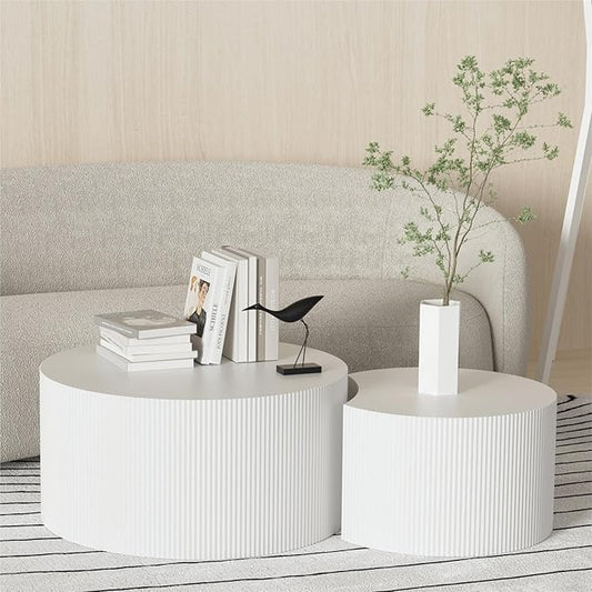KEVINSPACE Coffee Table Set of 2 Modern, Living Room Nesting Table Round 2-Piece, No Assembly Required Wooden Circle End Table Set Accent Furniture for Bedroom Balcony Library,White