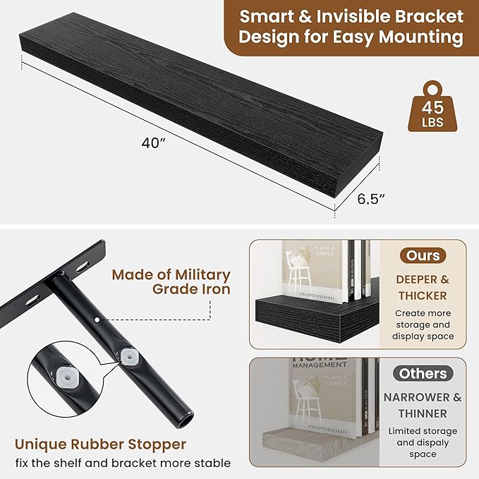 fuqing Floating Shelves for Wall, Bathroom Shelf Wall Mounted for Storage, Shelves with Invisible Bracket for Bedroom, Kitchen, Living Room, Farmhouse Small Book Shelf, 40 Inch Set of 2, Black-NeatNest