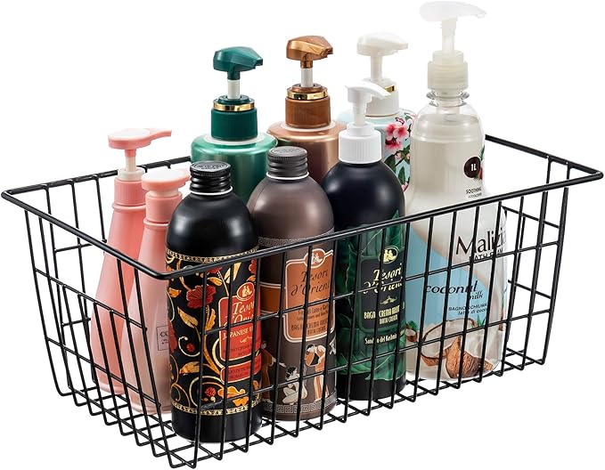 iPEGTOP Wire Storage Freezer Baskets, Set of 6 Large 15.4" Farmhouse Organizer Storage Bins Fridge Basket Rack with Handles for Kitchen Cabinets, Pantry, Office, Bathroom Organization - Black