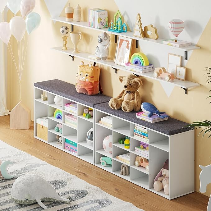 DINZI LVJ Shoe Storage Bench with Cushion, 16-Cubby Shoe Rack, Adjustable Shelves, Multifunctional Shoe Organizer Bench for Entryway, Mudroom, Hallway, Living Room, Bedroom and Garage, White-NeatNest
