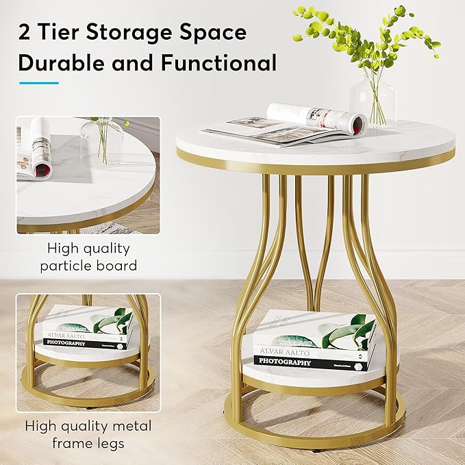 Tribesigns Round Side End Table 2-Tier End Tables Modern Bedside Table Small Chirside Tables with Storage for Couch Side, Nightstand with Metal Frame for Living Room (1, White+Gold)