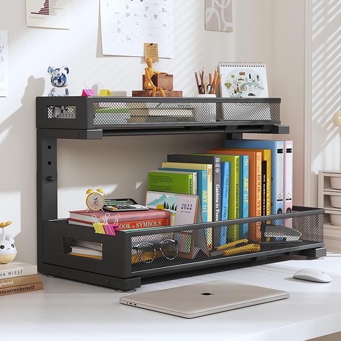 2 Pack 19IN Depth Under Sink Storage Organizer, Large 2-Tier Elegant Mesh Pull Out Shelf for Kitchen and Bathroom Cabinet Organization, L-Shaped and Adjustable Height Design-Black-NeatNest