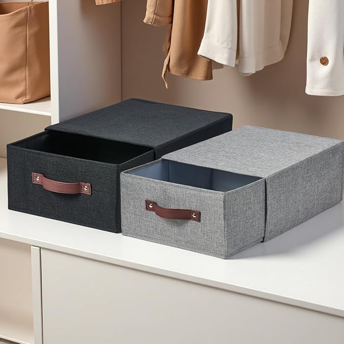 Closet Drawer Organizer Stackable Fabric Storage Boxes Bins Baskets with Lid PU Leather Handles Foldable Washable Cotton Linen Wardrobe Shelf Clothes Towels Container (Gray, Large)-NeatNest