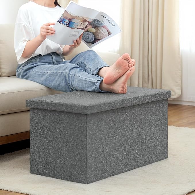 30 Inch Folding Storage Ottoman with Reversible Lid Coffee Table, Linen Fabric Multi-Functional Foot Rest & Seat for Living Room, Bedroom Grey