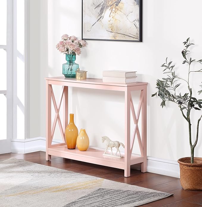 Convenience Concepts Oxford Console Table 39.5" - Sofa Table with Storage Shelf, Transitional Entryway Hall Table for Living Room and Bedroom, Display Foyer Table, Blush Pink-NeatNest