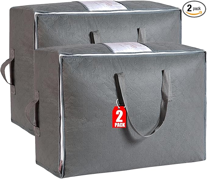 105L Extra Large Storage Bags for Blankets, King Comforters, Bedding, Clothes, Pillows, Sheets - Closet Organizers and Storage with 4 Handles & Clear Window, Foldable & Breathable (Grey, 2pack)-NeatNest
