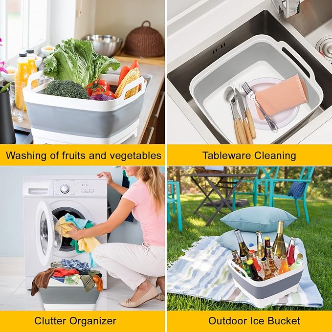 Collapsible Dish Basin & Sink Tub with Drain Plug – 2.4 Gal Baby Bottle Wash Basin, Bottle Washing Bin for RV, Camping, Kitchen | Collapsible Water & Bottle Basin (Grey)-NeatNest