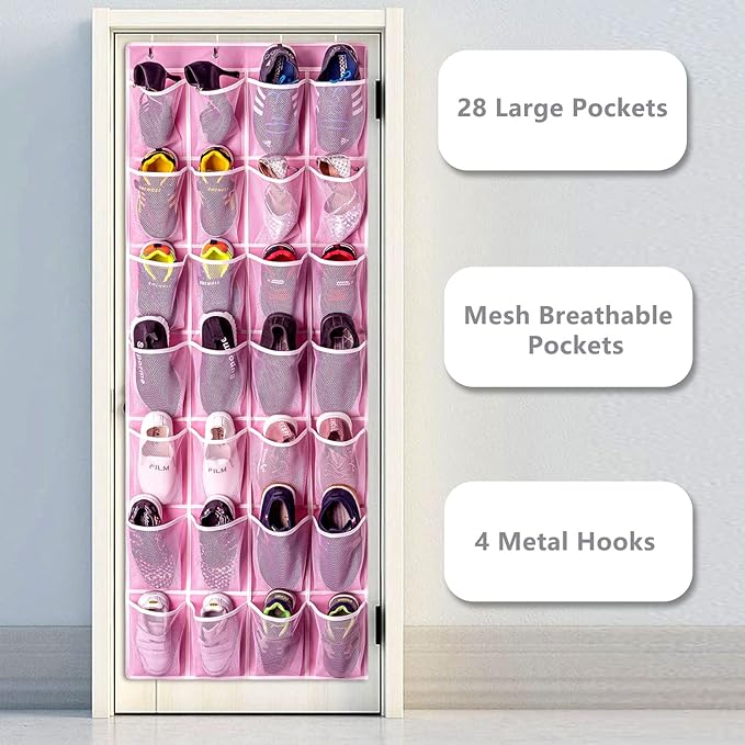 KEEPJOY 28 Pocket Over The Door Shoe Organizer, 2Pack Hanging Shoe Organizer for Door, Hanging Door Shoe Holder Rack with Mesh Pockets Large Size 65 x 23 inch (Pink-2Pack)-NeatNest